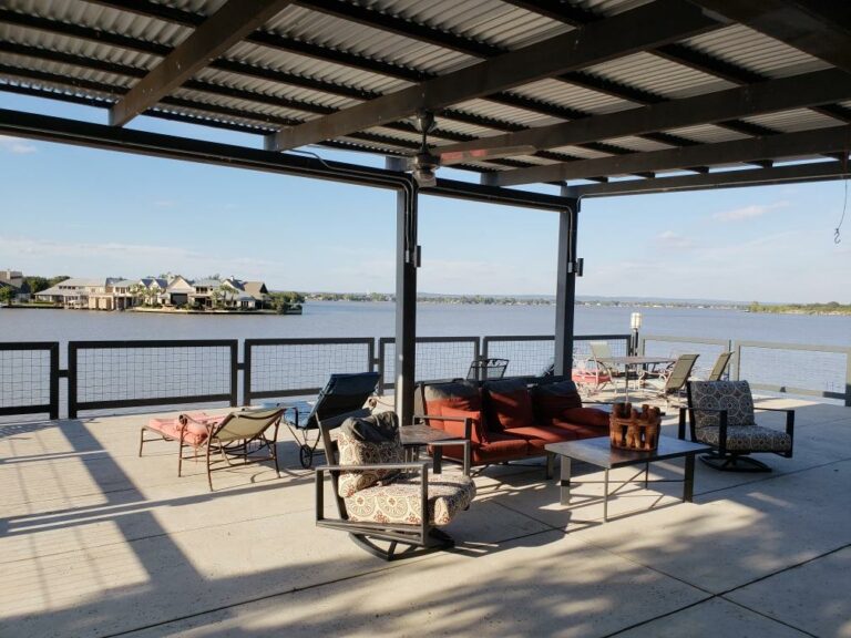 party deck has views of sunset and sunrise and wide open lake 768x576
